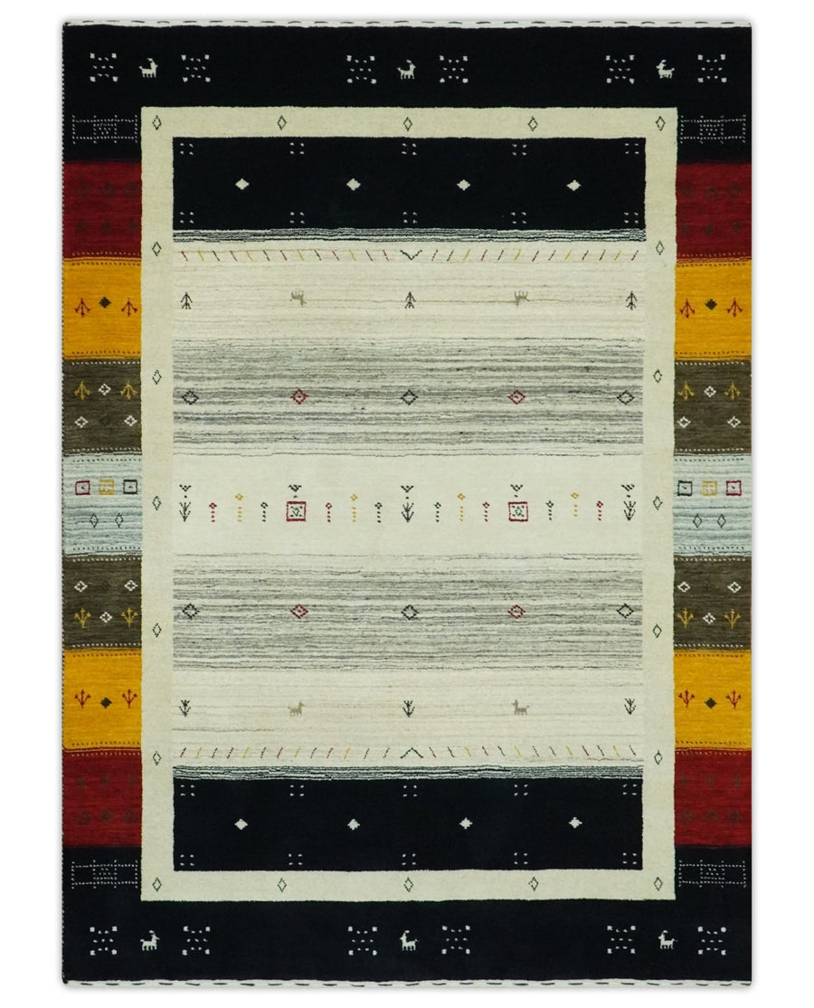 Tribal Gabbeh Ivory, Black, Gold and Maroon Stripes design Traditional Hand loom 4.6x7 Wool Area Rug - The Rug Decor