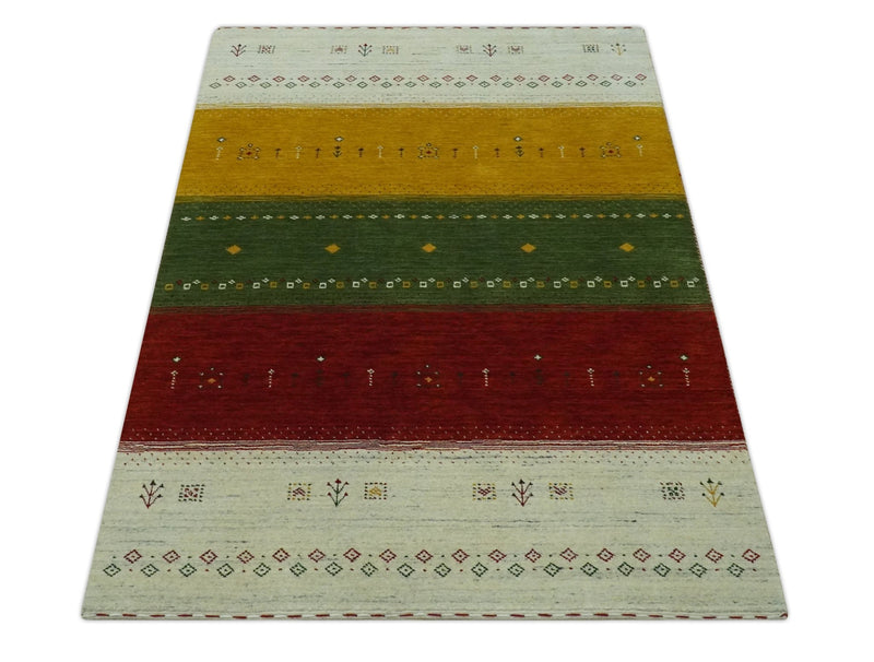 Tribal Gabbeh Ivory, Gold, Green and Maroon Geometrical Stripes Design 4.6x6.6 Hand loom wool area Rug - The Rug Decor