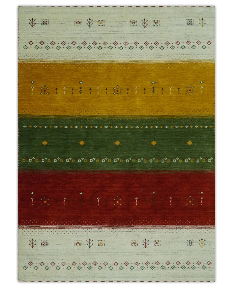 Tribal Gabbeh Ivory, Gold, Green and Maroon Geometrical Stripes Design 4.6x6.6 Hand loom wool area Rug - The Rug Decor