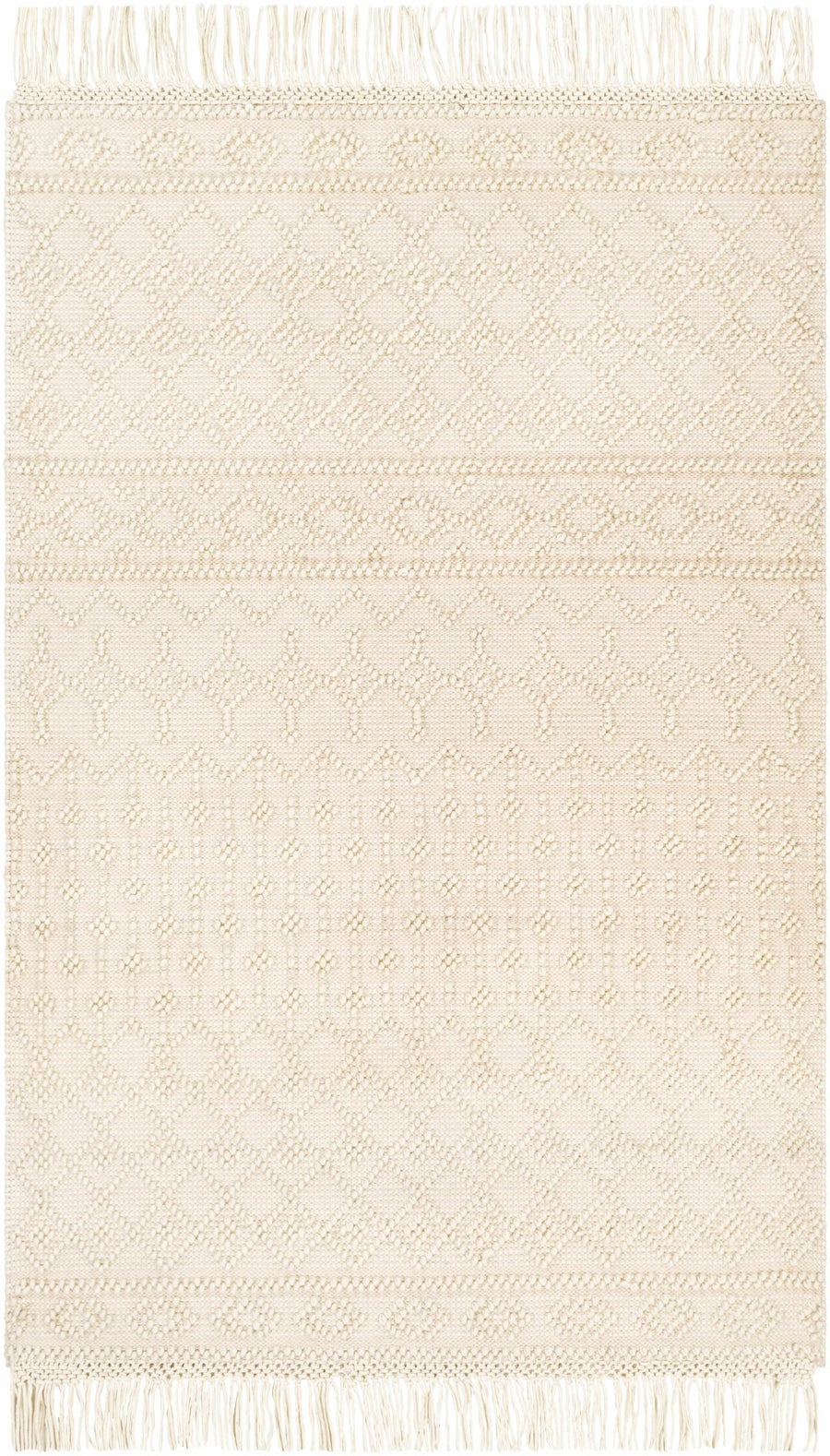 Tribal look Tassels Textured Beige, white Hand woven Wool and Cotton Area Rug - The Rug Decor