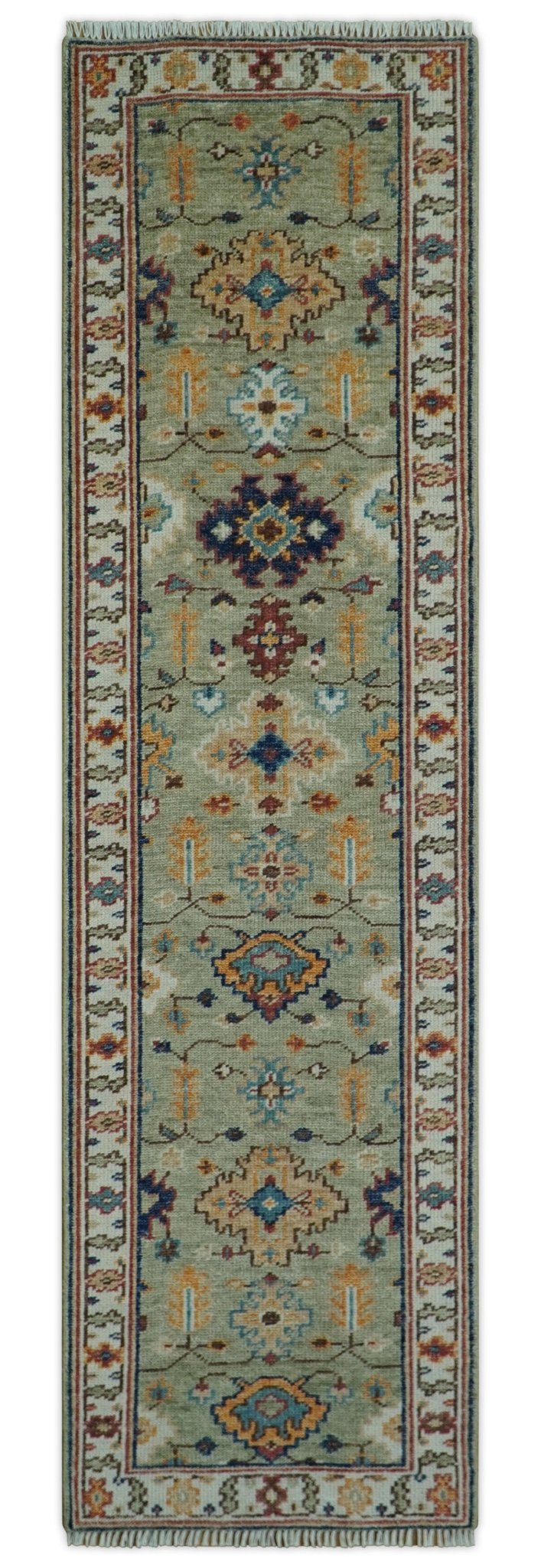 Turkish Knot Antique Green and Ivory Traditional Multi Size Hand knotted Oushak Rug - The Rug Decor
