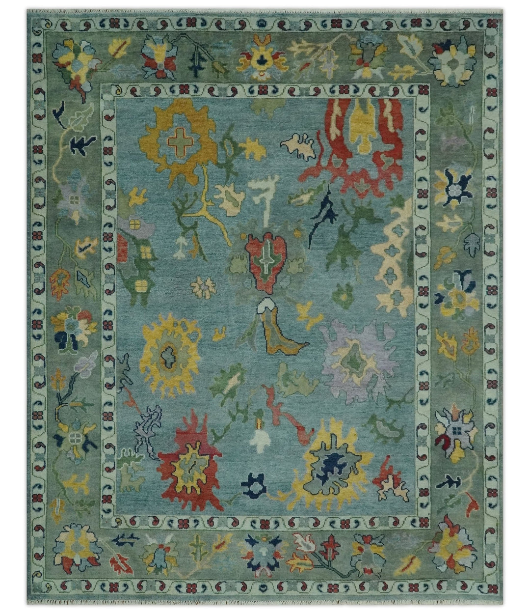 Vibrant Colorful 8x10 Gray and green Hand Knotted Traditional Oushak wool rug - The Rug Decor