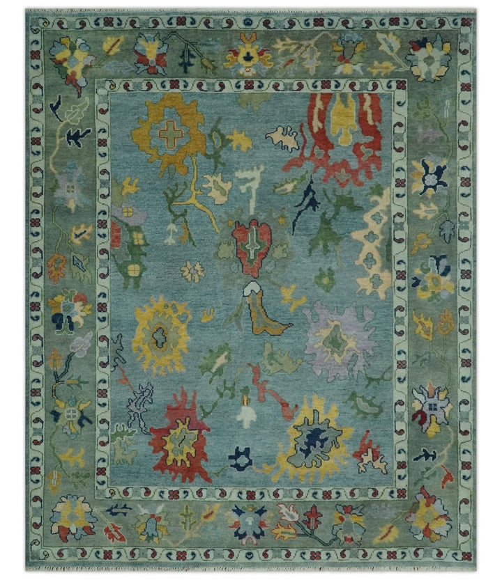 Vibrant Colorful 8x10 Gray and green Hand Knotted Traditional Oushak wool rug - The Rug Decor