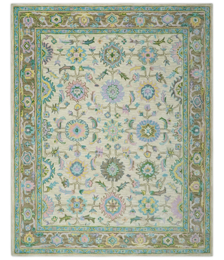 Vibrant Colorful Beige, Blue and Purple Traditional Floral Hand Tufted 8x10 wool rug - The Rug Decor