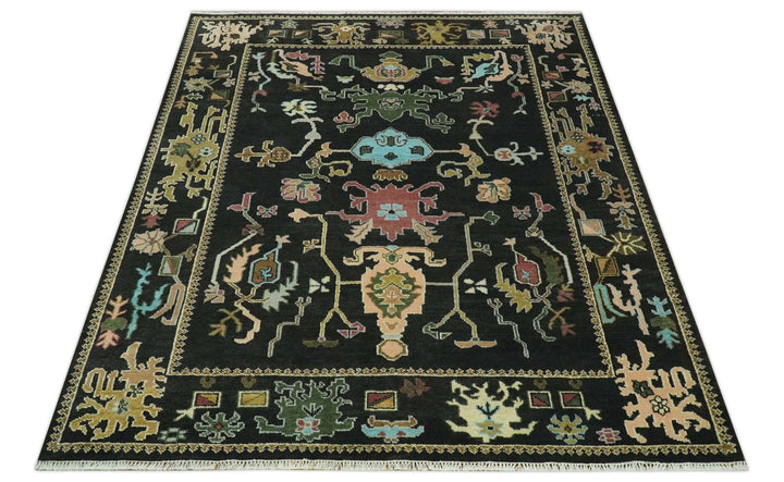 Vibrant Colorful Black 8x10 Hand Knotted Traditional Oushak wool area rug - The Rug Decor