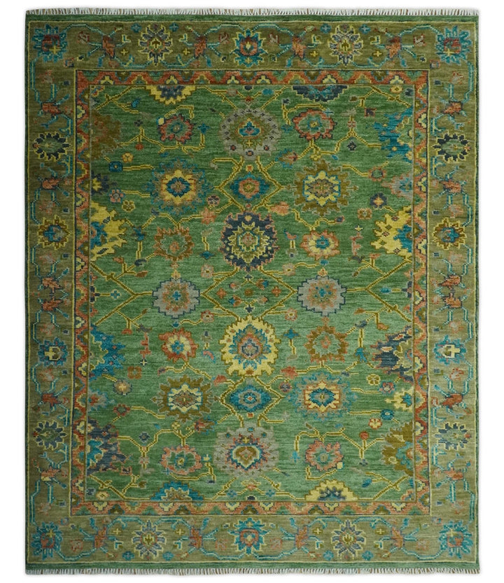Vibrant colorful Green 8x10 Hand Knotted Traditional Oriental Oushak wool Area Rug - The Rug Decor