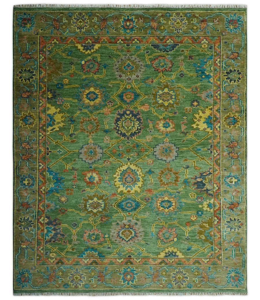 Vibrant colorful Green 8x10 Hand Knotted Traditional Oriental Oushak wool Area Rug - The Rug Decor