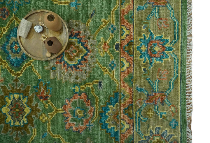 Vibrant colorful Green 8x10 Hand Knotted Traditional Oriental Oushak wool Area Rug - The Rug Decor