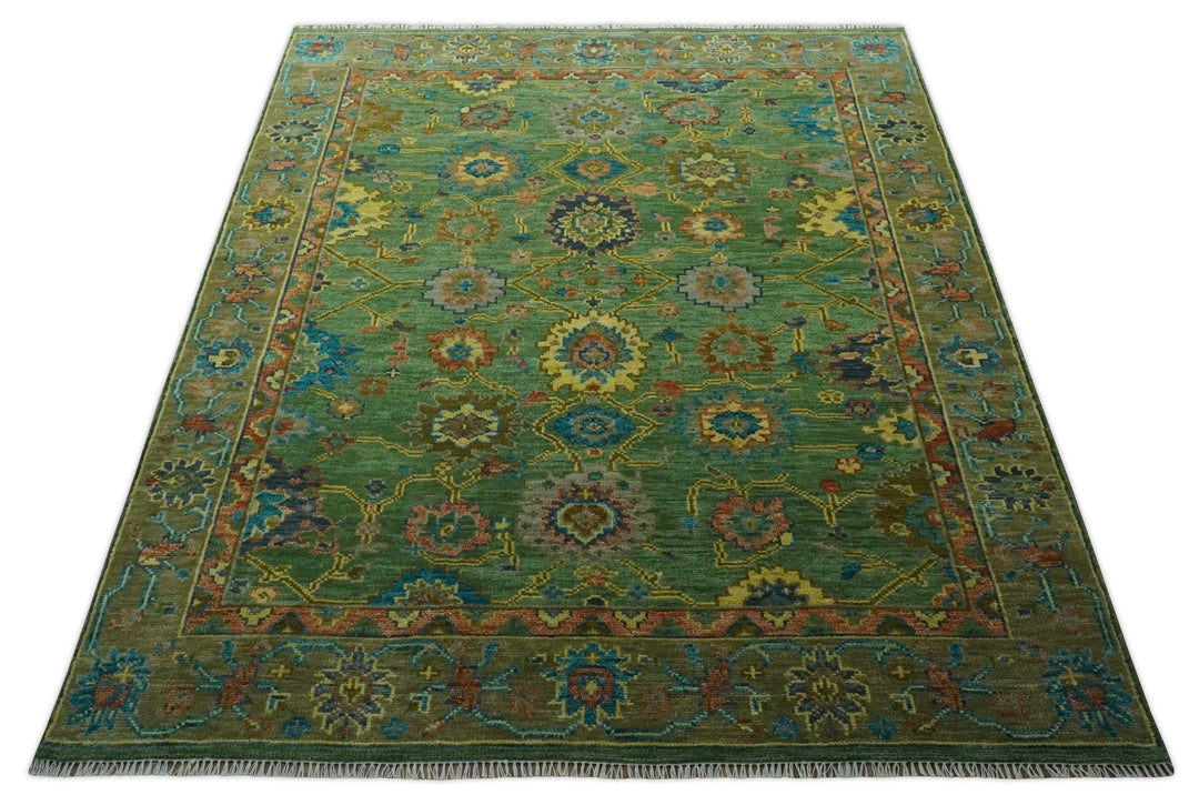 Vibrant colorful Green 8x10 Hand Knotted Traditional Oriental Oushak wool Area Rug - The Rug Decor