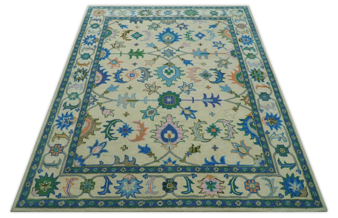 Vibrant Colorful Ivory and Blue Oriental Oushak Hand Tufted Multi Size area rug - The Rug Decor
