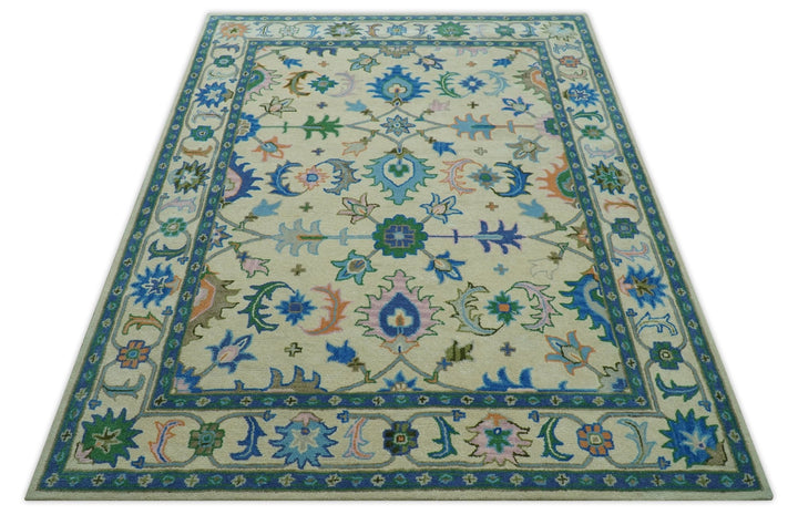 Vibrant Colorful Ivory and Blue Oriental Oushak Hand Tufted Multi Size area rug - The Rug Decor
