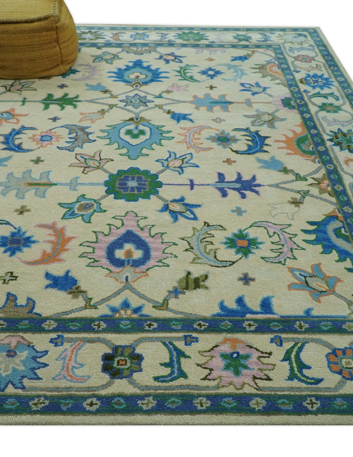 Vibrant Colorful Ivory and Blue Oriental Oushak Hand Tufted Multi Size area rug - The Rug Decor