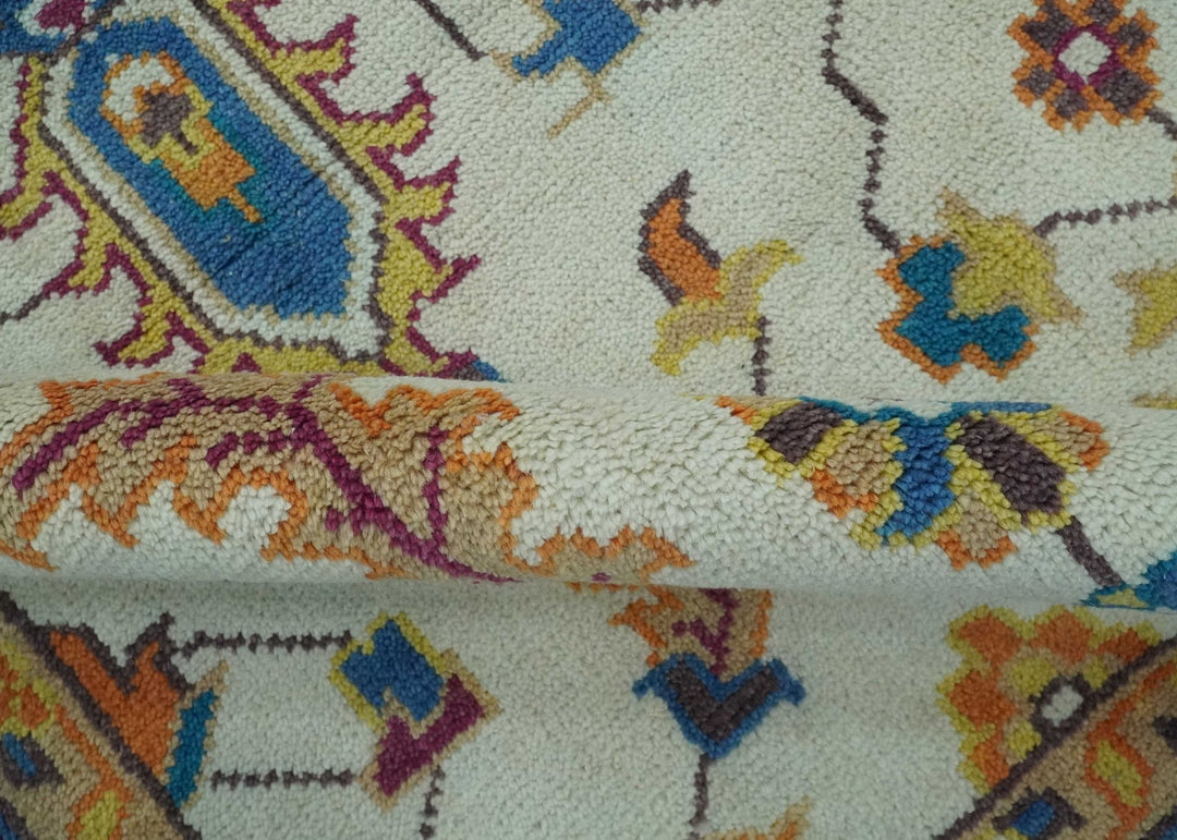 Vibrant colorful Ivory, Blue, Beige and Peach Hand Knotted Traditional Floral oriental Oushak Multi Size wool Area Rug - The Rug Decor