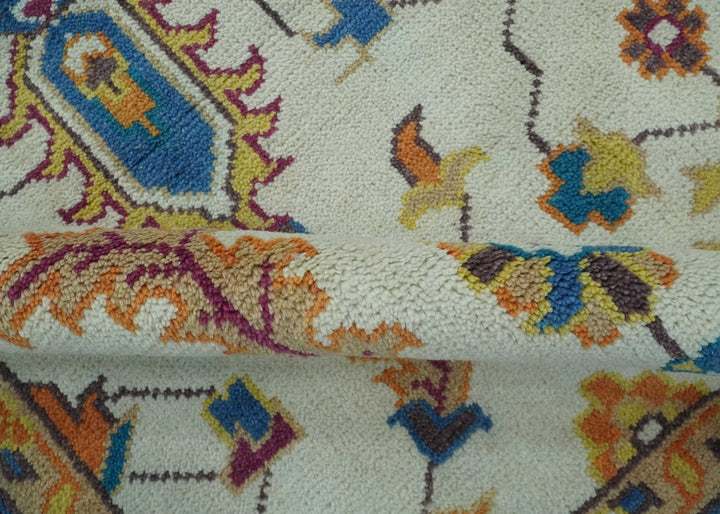 Vibrant colorful Ivory, Blue, Beige and Peach Hand Knotted Traditional Floral oriental Oushak Multi Size wool Area Rug - The Rug Decor