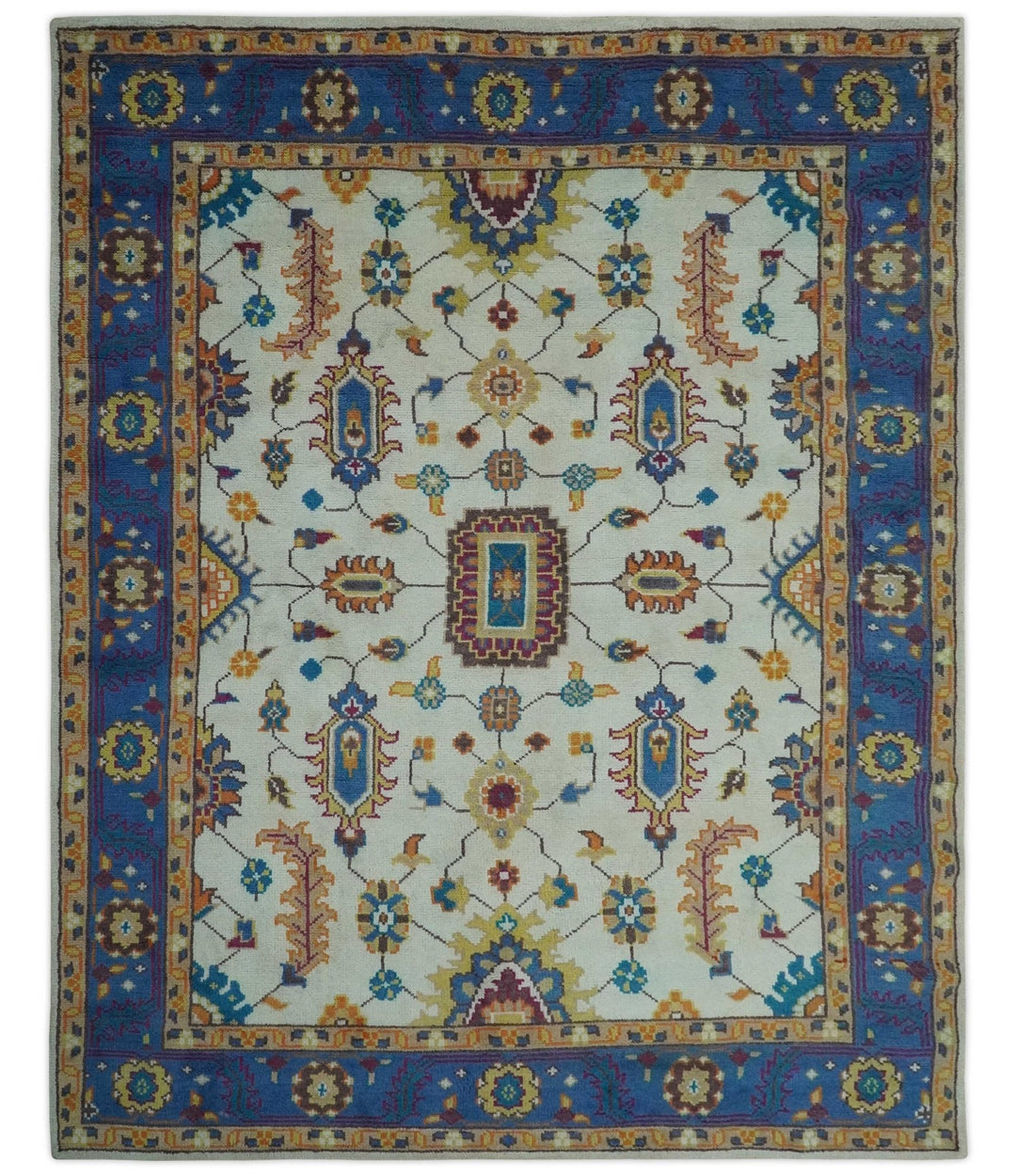 Vibrant colorful Ivory, Blue, Beige and Peach Hand Knotted Traditional Floral oriental Oushak Multi Size wool Area Rug - The Rug Decor