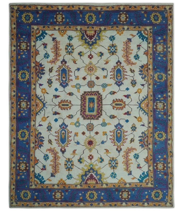 Vibrant colorful Ivory, Blue, Beige and Peach Hand Knotted Traditional Floral oriental Oushak Multi Size wool Area Rug - The Rug Decor