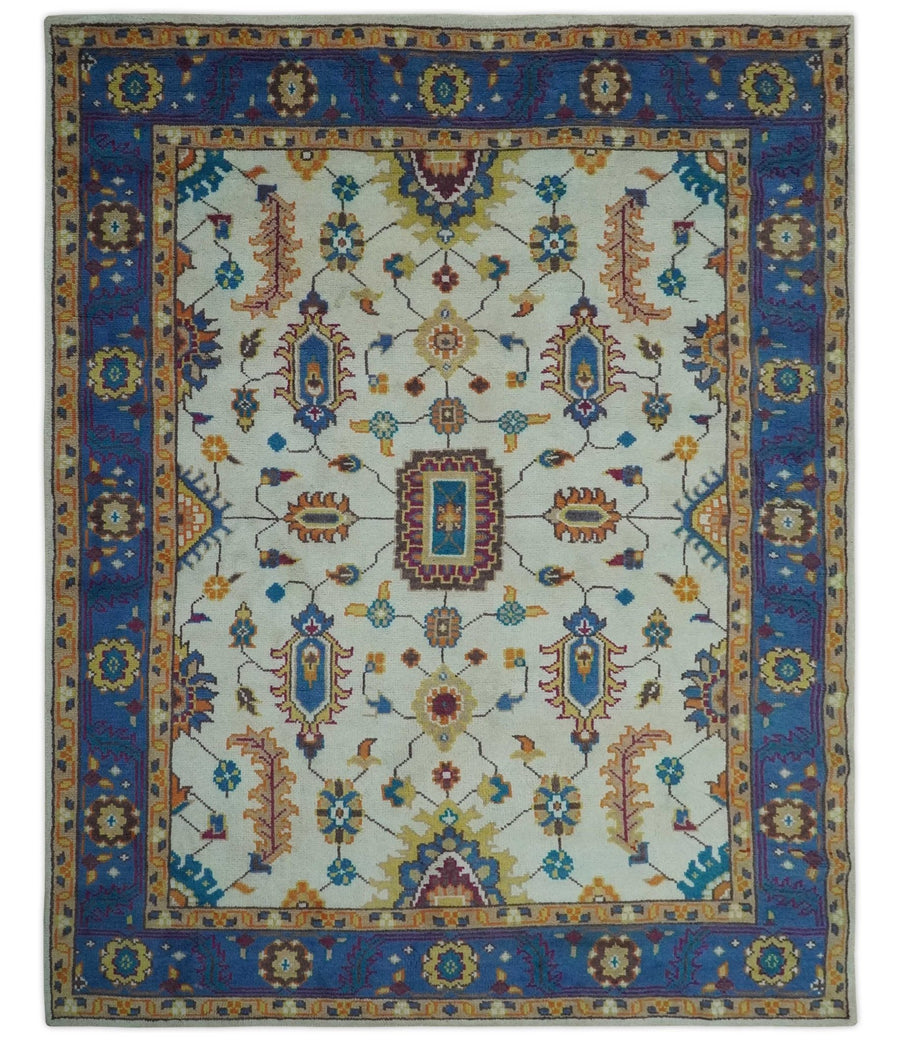 Vibrant colorful Ivory, Blue, Beige and Peach Hand Knotted Traditional Floral oriental Oushak Multi Size wool Area Rug - The Rug Decor