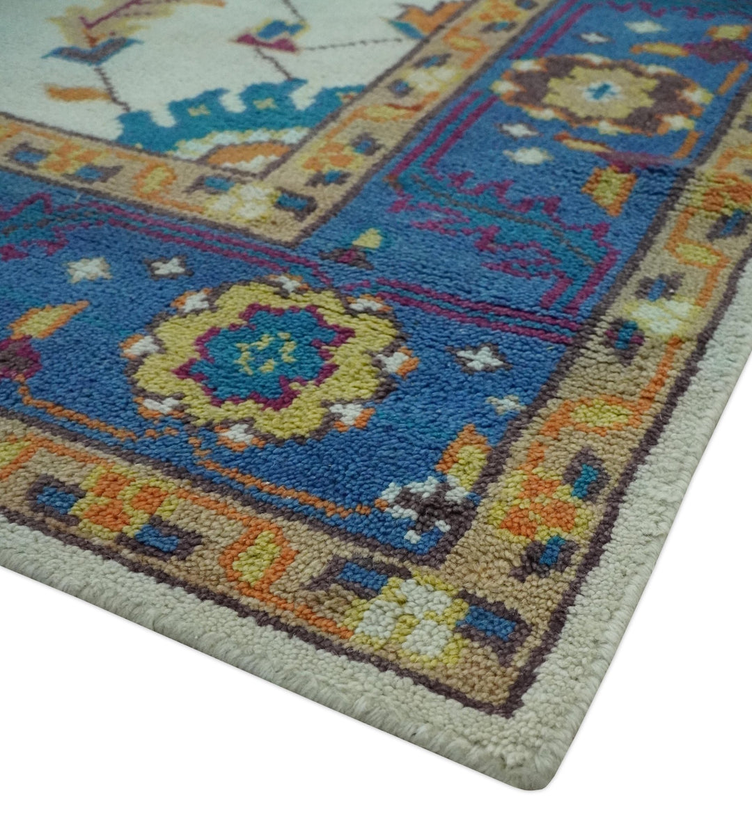 Vibrant colorful Ivory, Blue, Beige and Peach Hand Knotted Traditional Floral oriental Oushak Multi Size wool Area Rug - The Rug Decor