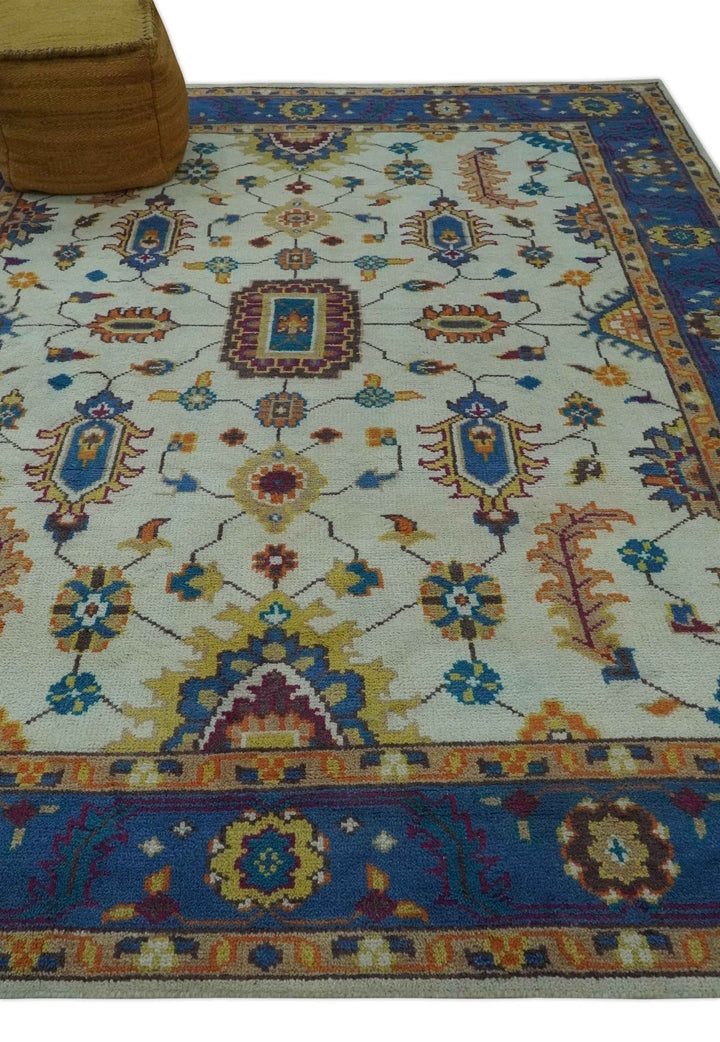 Vibrant colorful Ivory, Blue, Beige and Peach Hand Knotted Traditional Floral oriental Oushak Multi Size wool Area Rug - The Rug Decor