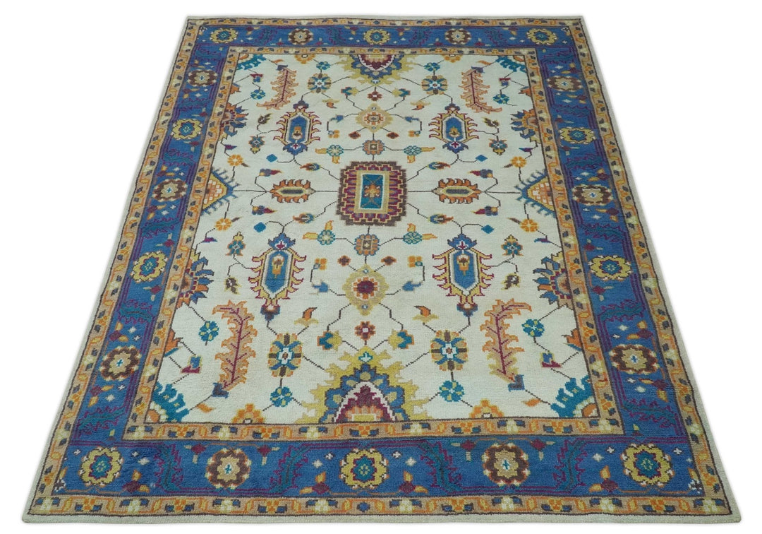 Vibrant colorful Ivory, Blue, Beige and Peach Hand Knotted Traditional Floral oriental Oushak Multi Size wool Area Rug - The Rug Decor