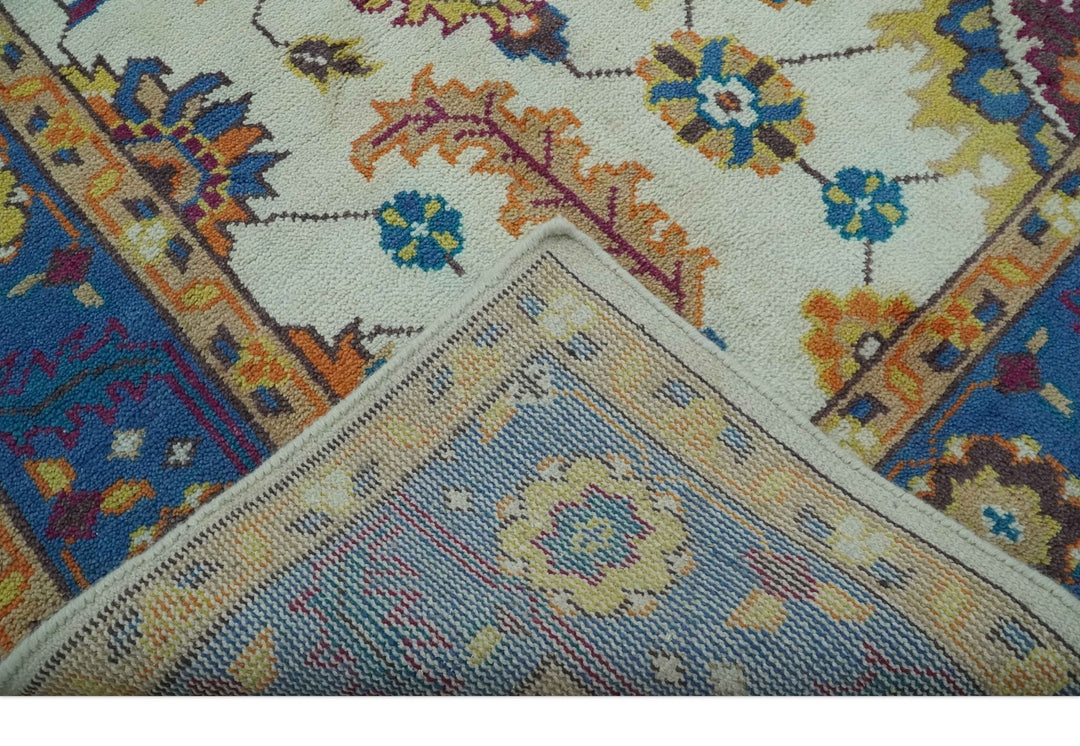Vibrant colorful Ivory, Blue, Beige and Peach Hand Knotted Traditional Floral oriental Oushak Multi Size wool Area Rug - The Rug Decor