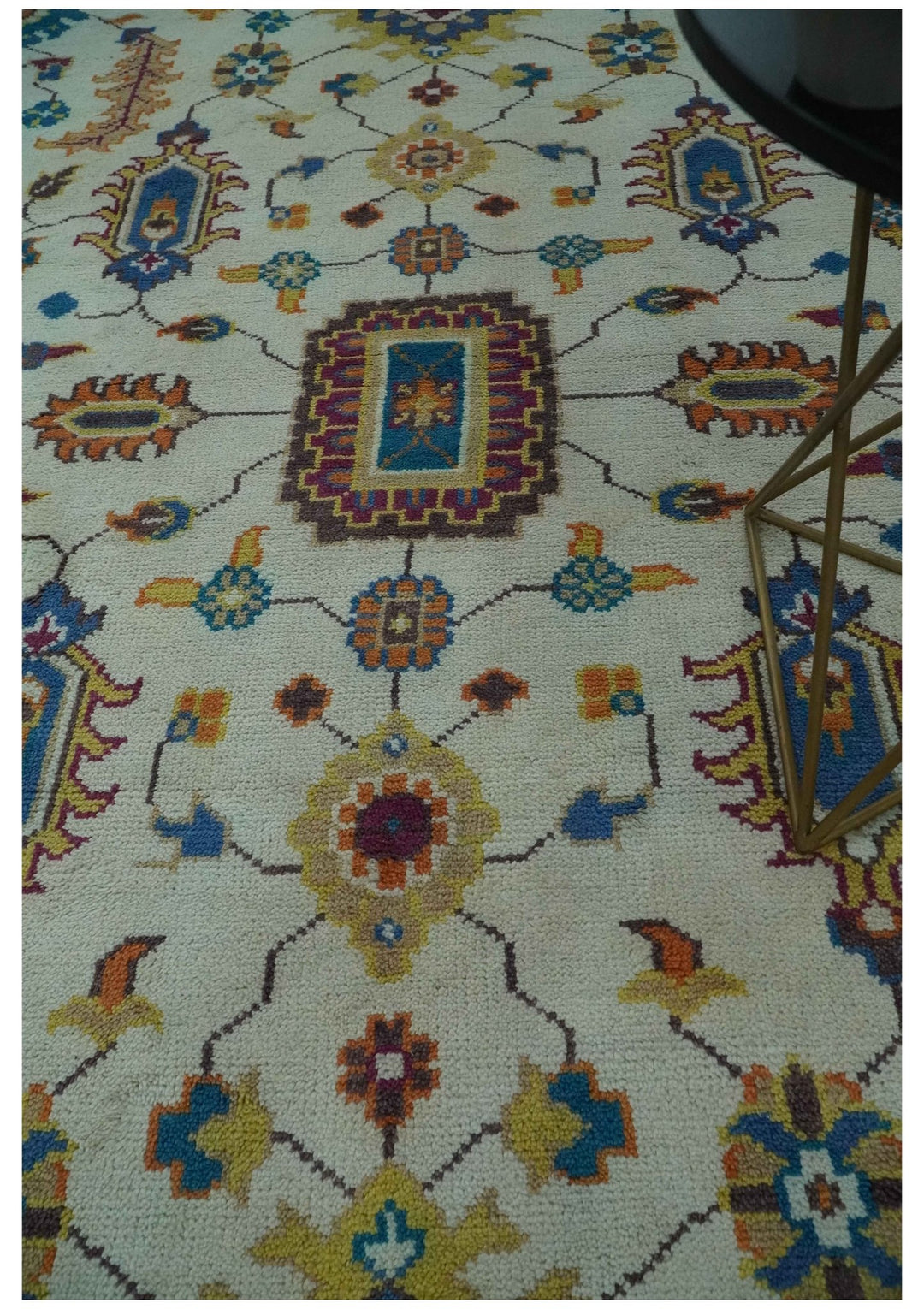 Vibrant colorful Ivory, Blue, Beige and Peach Hand Knotted Traditional Floral oriental Oushak Multi Size wool Area Rug - The Rug Decor