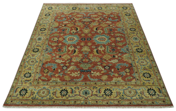 Vintage Style 8x10 Traditional Floral Rust and Olive Oriental Oushak wool area rug - The Rug Decor