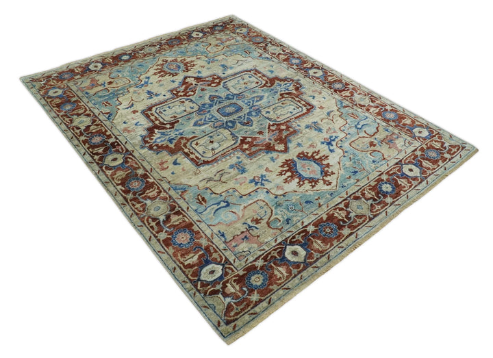 Vintage Style Beige, Aqua and Brown Hand Knotted Traditional Heriz 8x10 wool area Rug - The Rug Decor