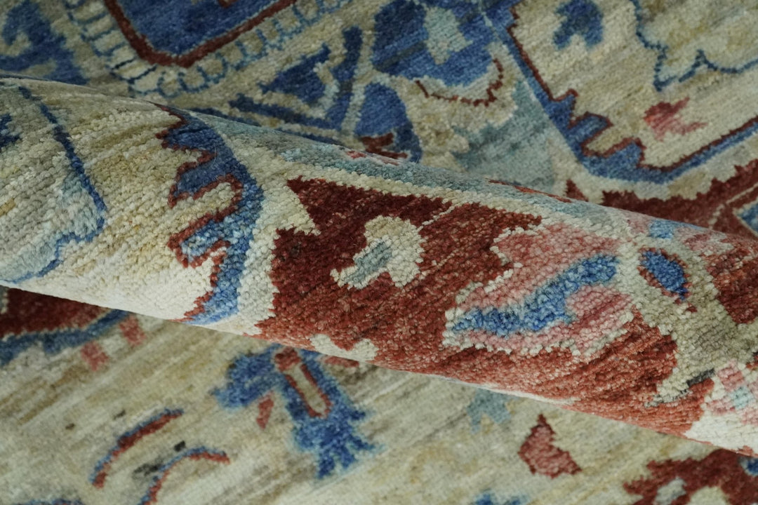 Vintage Style Beige, Aqua and Brown Hand Knotted Traditional Heriz 8x10 wool area Rug - The Rug Decor