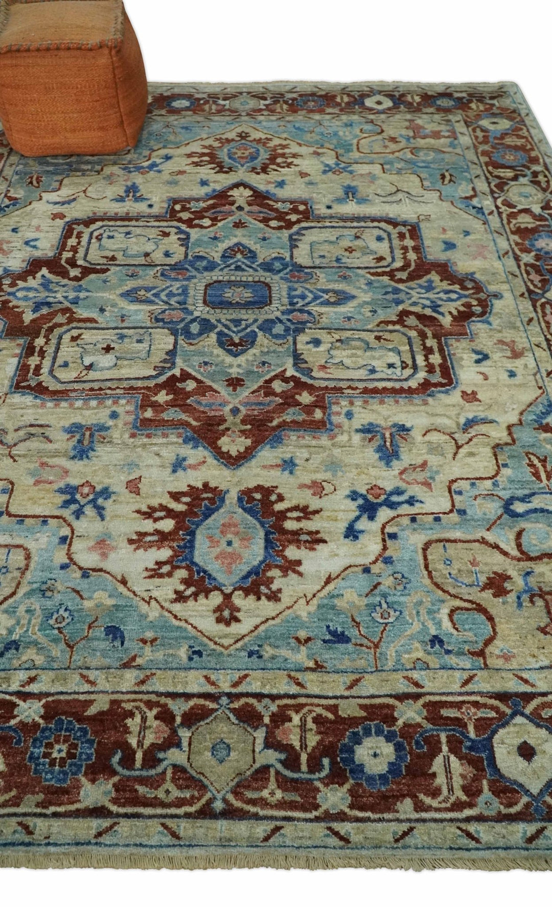 Vintage Style Beige, Aqua and Brown Hand Knotted Traditional Heriz 8x10 wool area Rug - The Rug Decor
