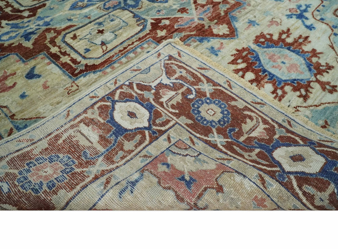 Vintage Style Beige, Aqua and Brown Hand Knotted Traditional Heriz 8x10 wool area Rug - The Rug Decor