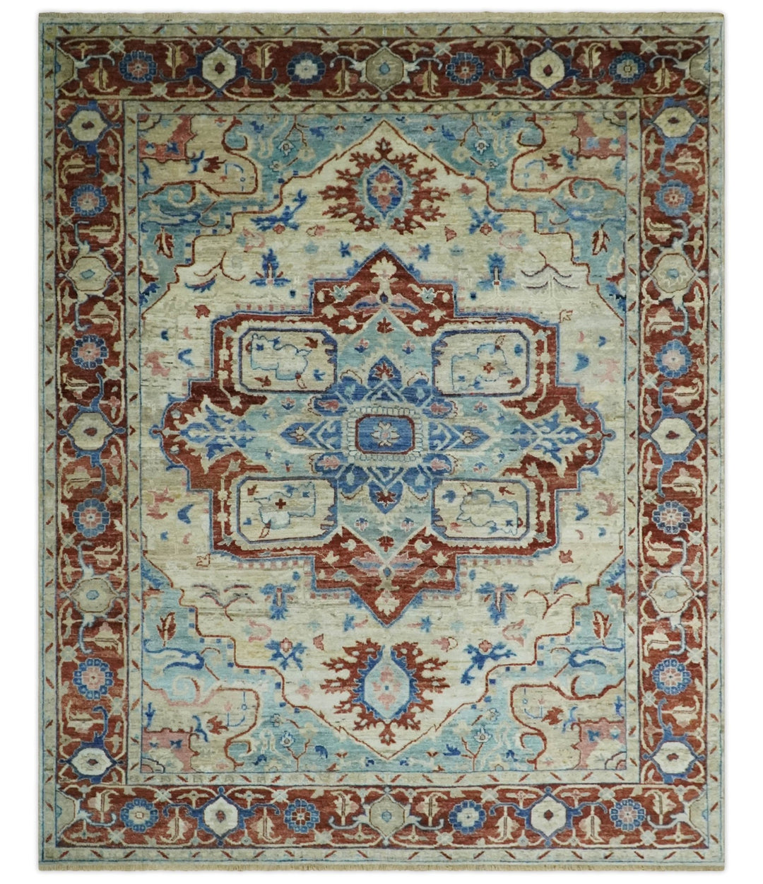 Vintage Style Beige, Aqua and Brown Hand Knotted Traditional Heriz 8x10 wool area Rug - The Rug Decor