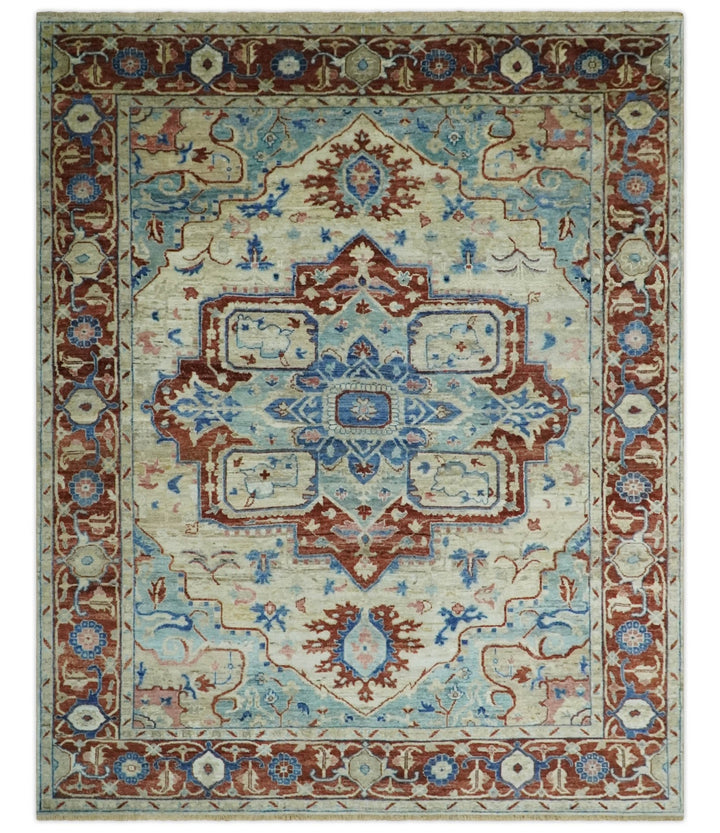 Vintage Style Beige, Aqua and Brown Hand Knotted Traditional Heriz 8x10 wool area Rug - The Rug Decor