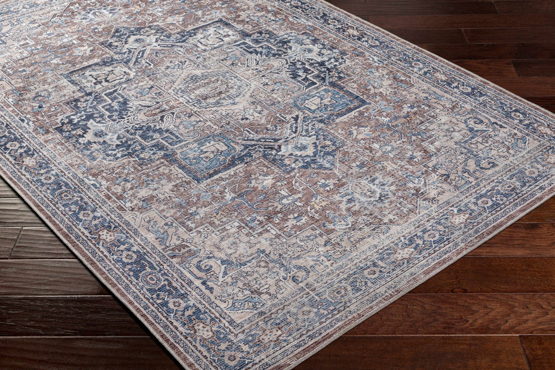 Vintage Style Floral Brown, Blue and Peach Traditional Washable Area Rug - The Rug Decor