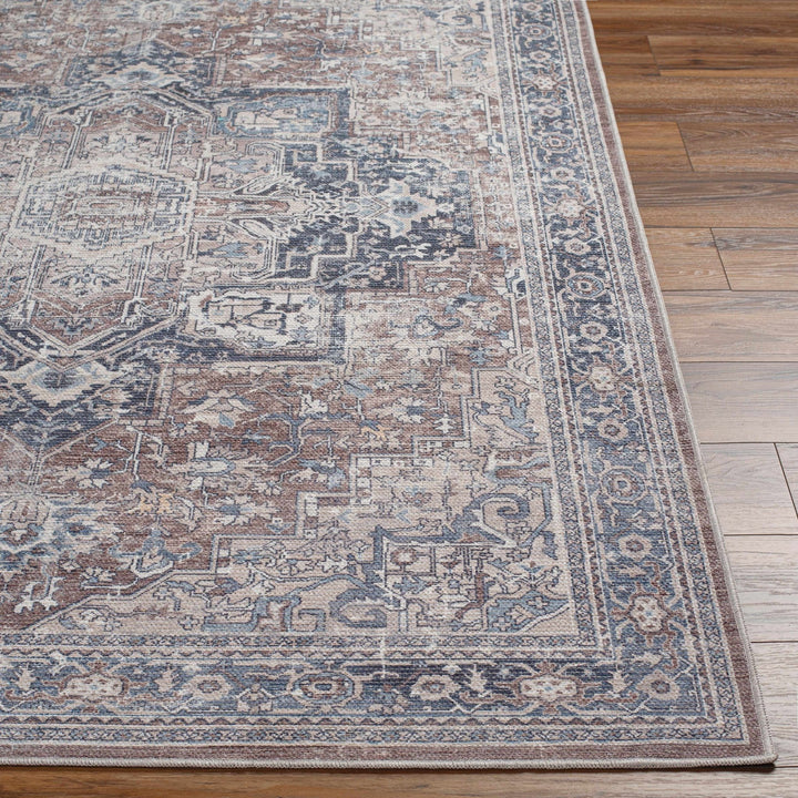 Vintage Style Floral Brown, Blue and Peach Traditional Washable Area Rug - The Rug Decor