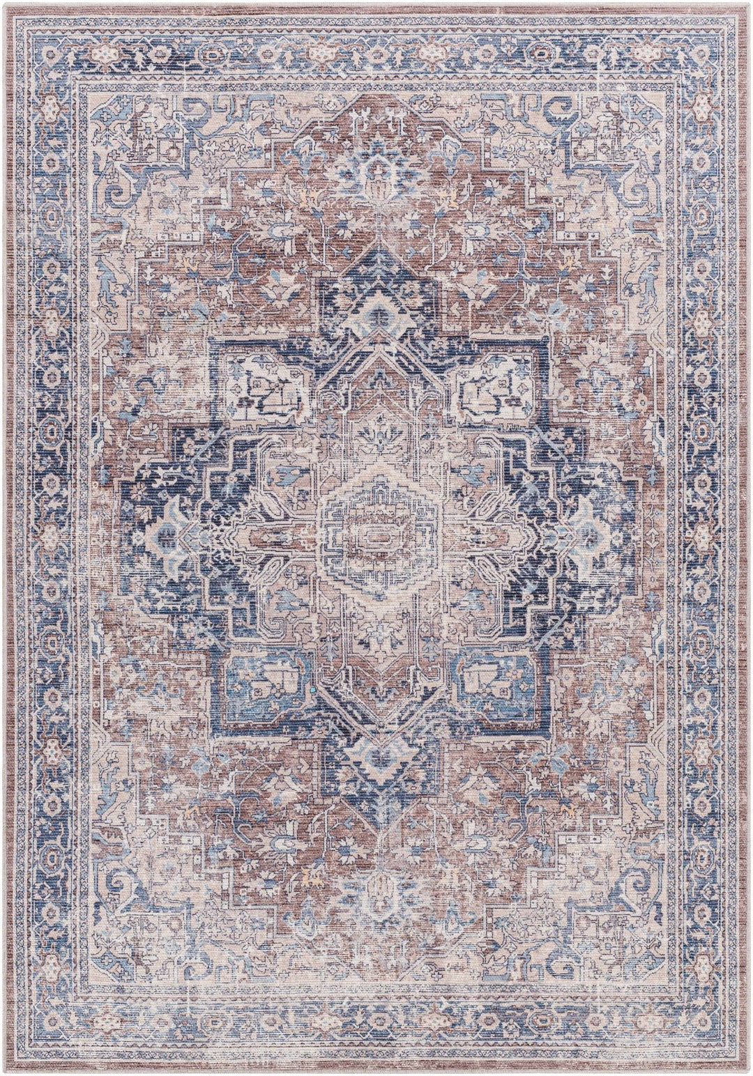 Vintage Style Floral Brown, Blue and Peach Traditional Washable Area Rug - The Rug Decor