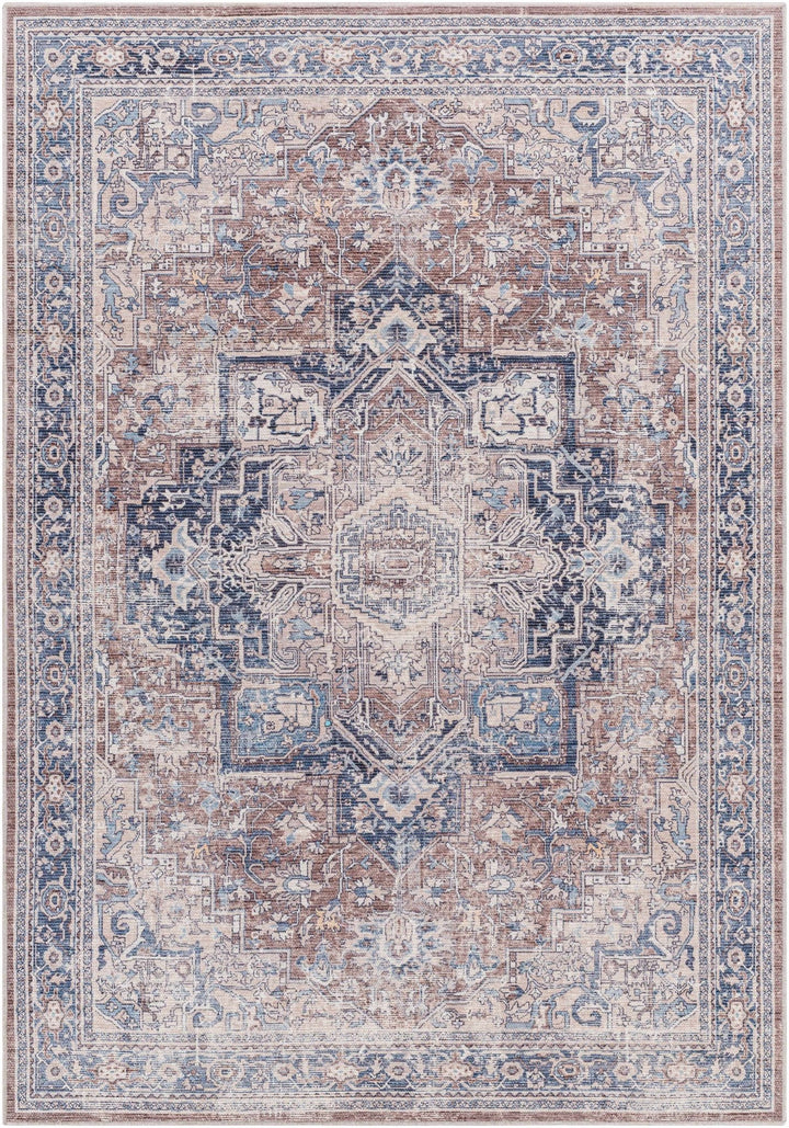 Vintage Style Floral Brown, Blue and Peach Traditional Washable Area Rug - The Rug Decor