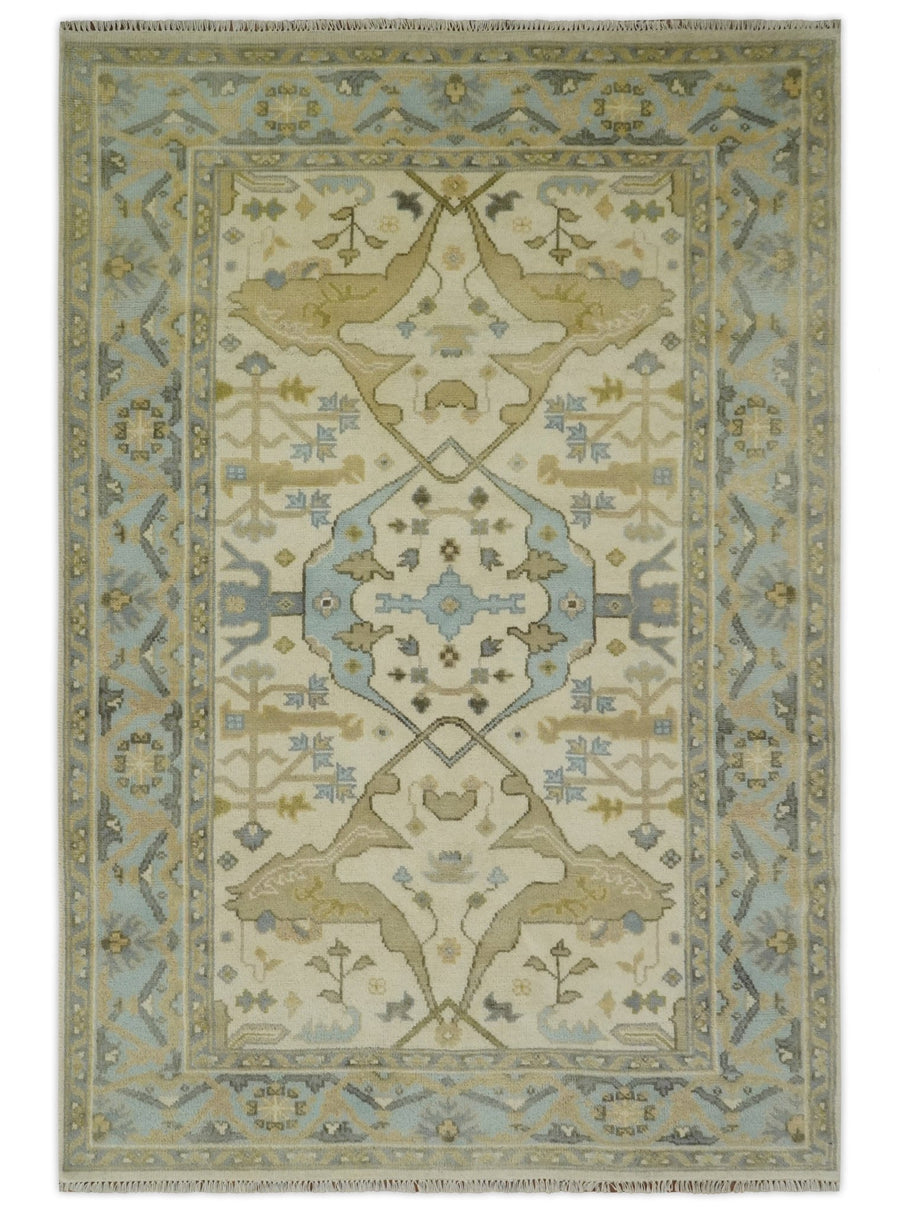 Vintage Style Ivory, Beige and Gray 6x9 Hand Knotted Traditional Oriental Oushak wool rug - The Rug Decor