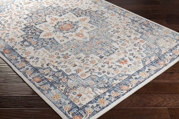 Vintage Style Ivory, Blue and Peach Traditional Floral Medallion Outdoor Safe Area Rug - The Rug Decor