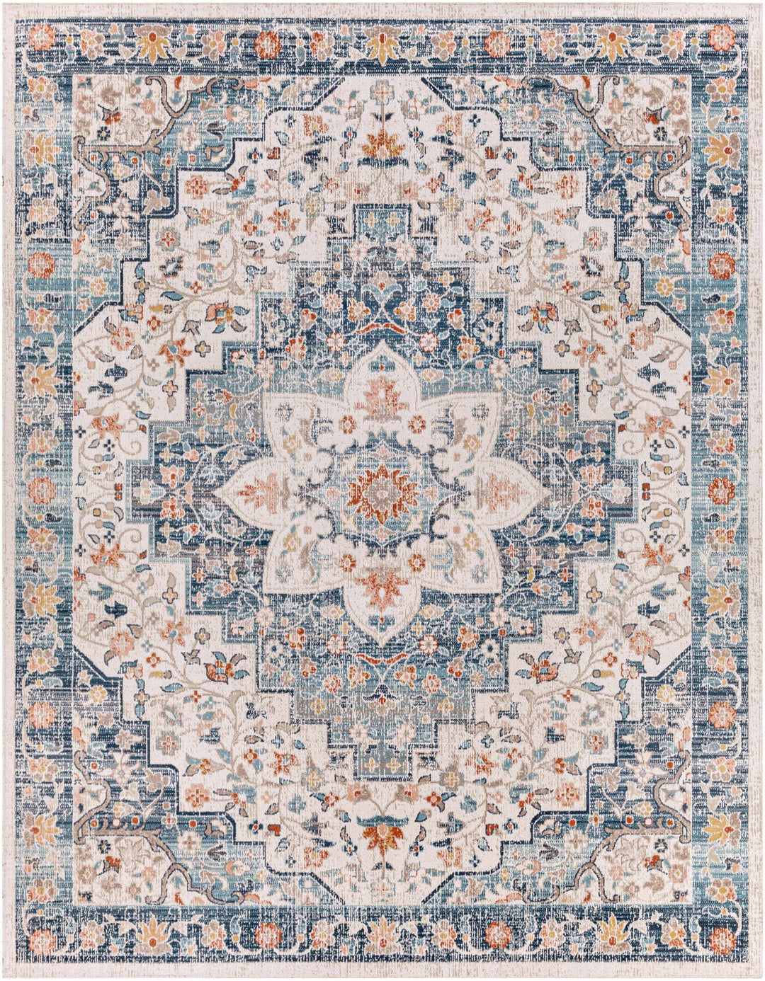 Vintage Style Ivory, Blue and Peach Traditional Floral Medallion Outdoor Safe Area Rug - The Rug Decor