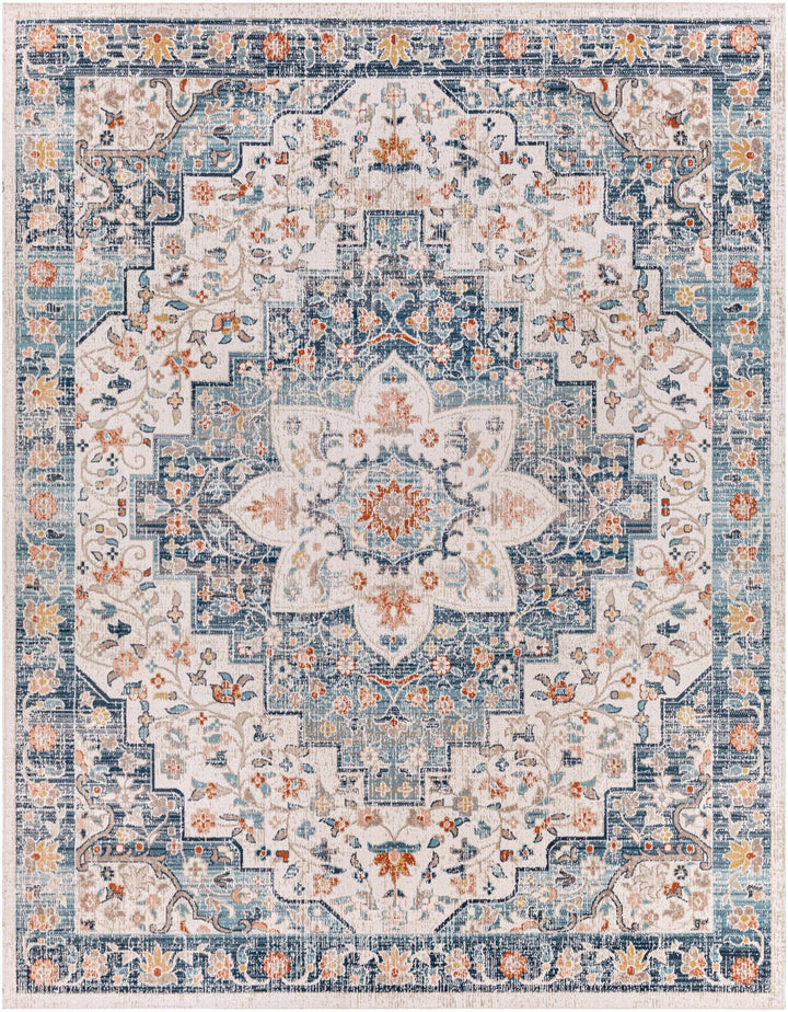 Vintage Style Ivory, Blue and Peach Traditional Floral Medallion Outdoor Safe Area Rug - The Rug Decor