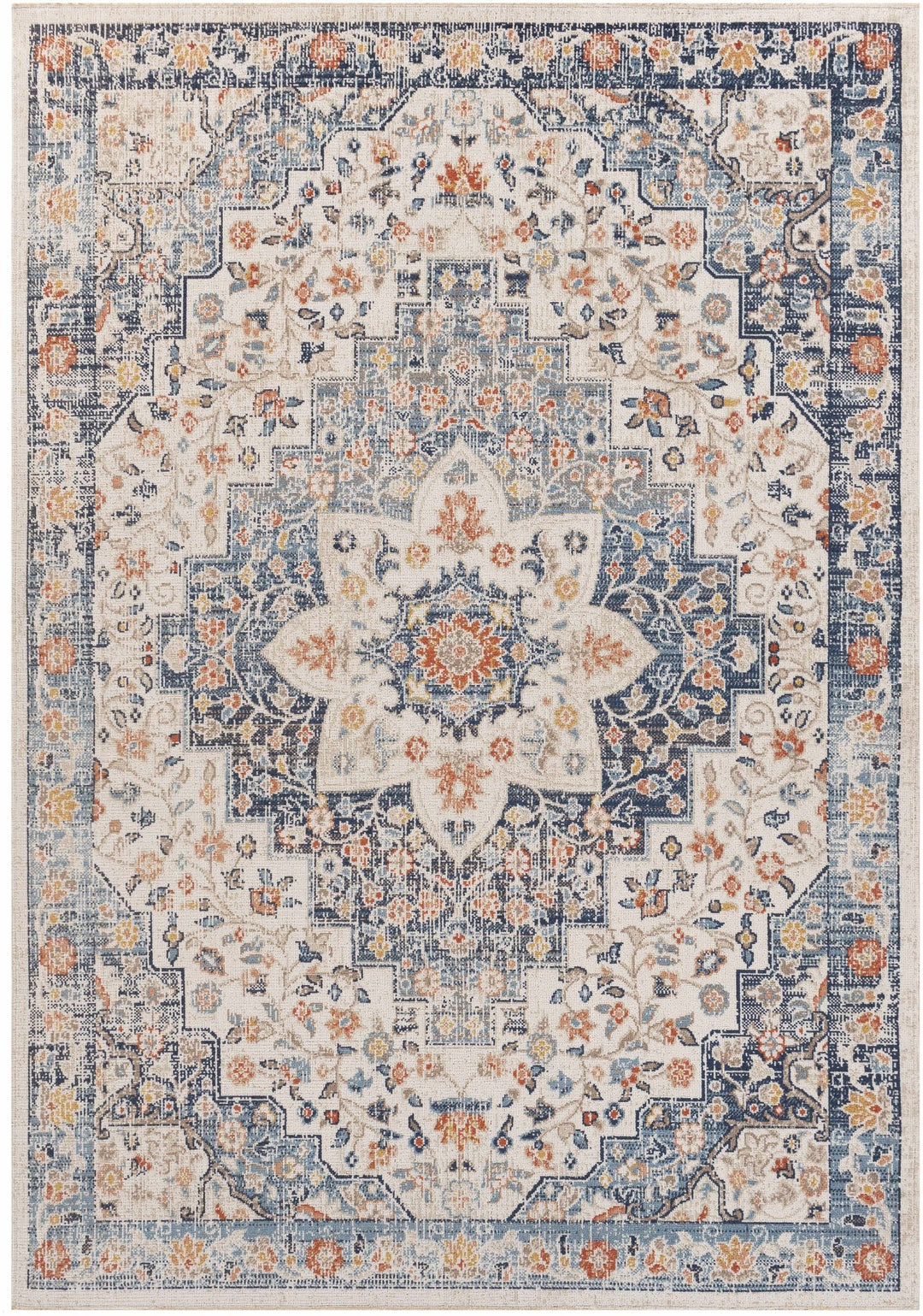 Vintage Style Ivory, Blue and Peach Traditional Floral Medallion Outdoor Safe Area Rug - The Rug Decor