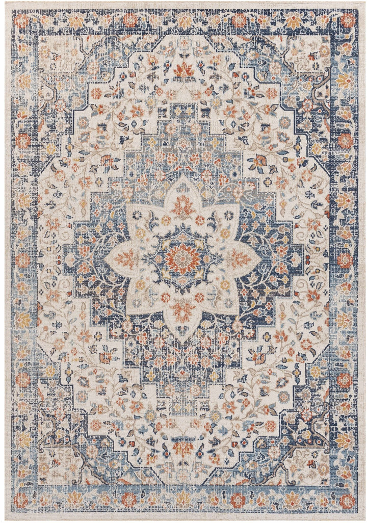 Vintage Style Ivory, Blue and Peach Traditional Floral Medallion Outdoor Safe Area Rug - The Rug Decor