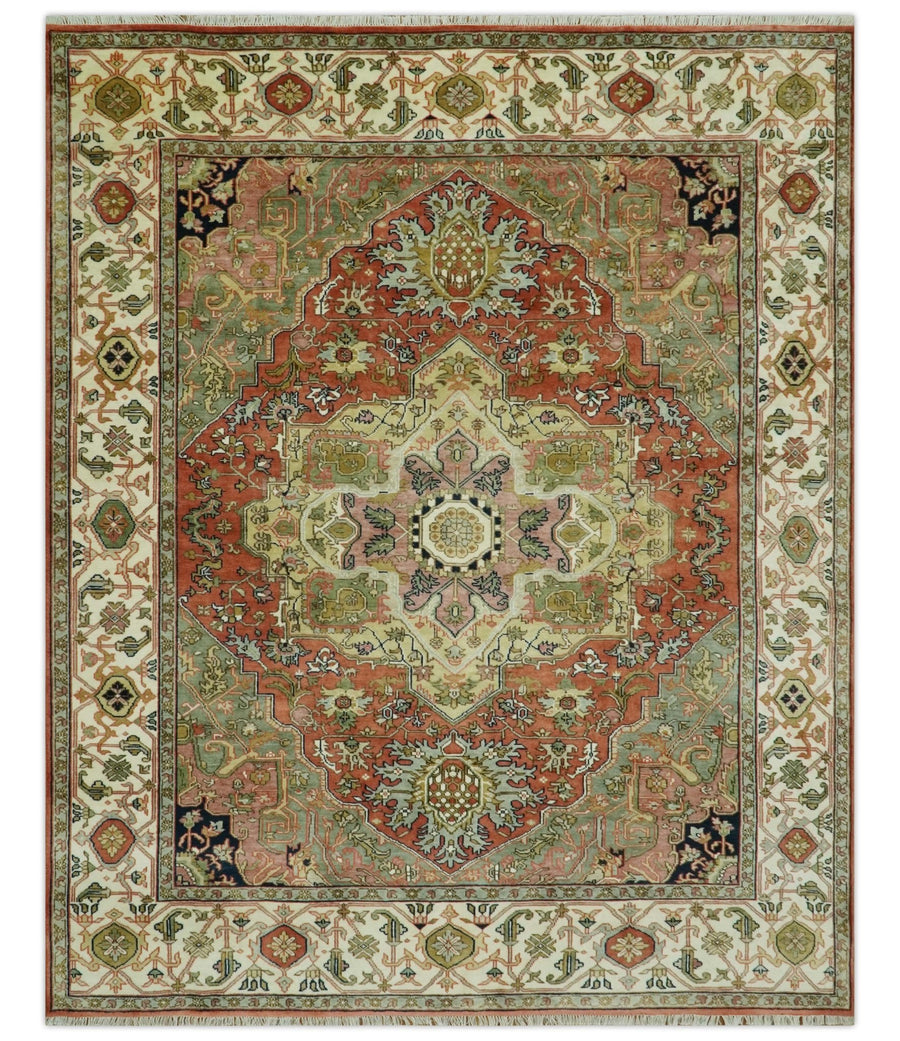 Vintage Style Olive, Rust and Ivory Fine Hand Knotted 8x10 wool area rug - The Rug Decor