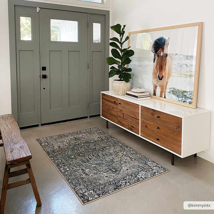 Vintage Style Traditional Heriz Medallion Green, Tan and Charcoal area rug - The Rug Decor