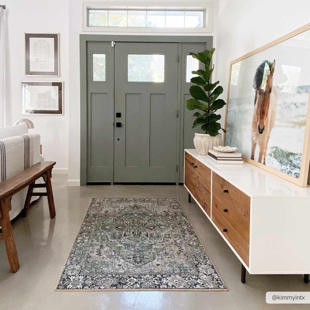 Vintage Style Traditional Heriz Medallion Green, Tan and Charcoal area rug - The Rug Decor