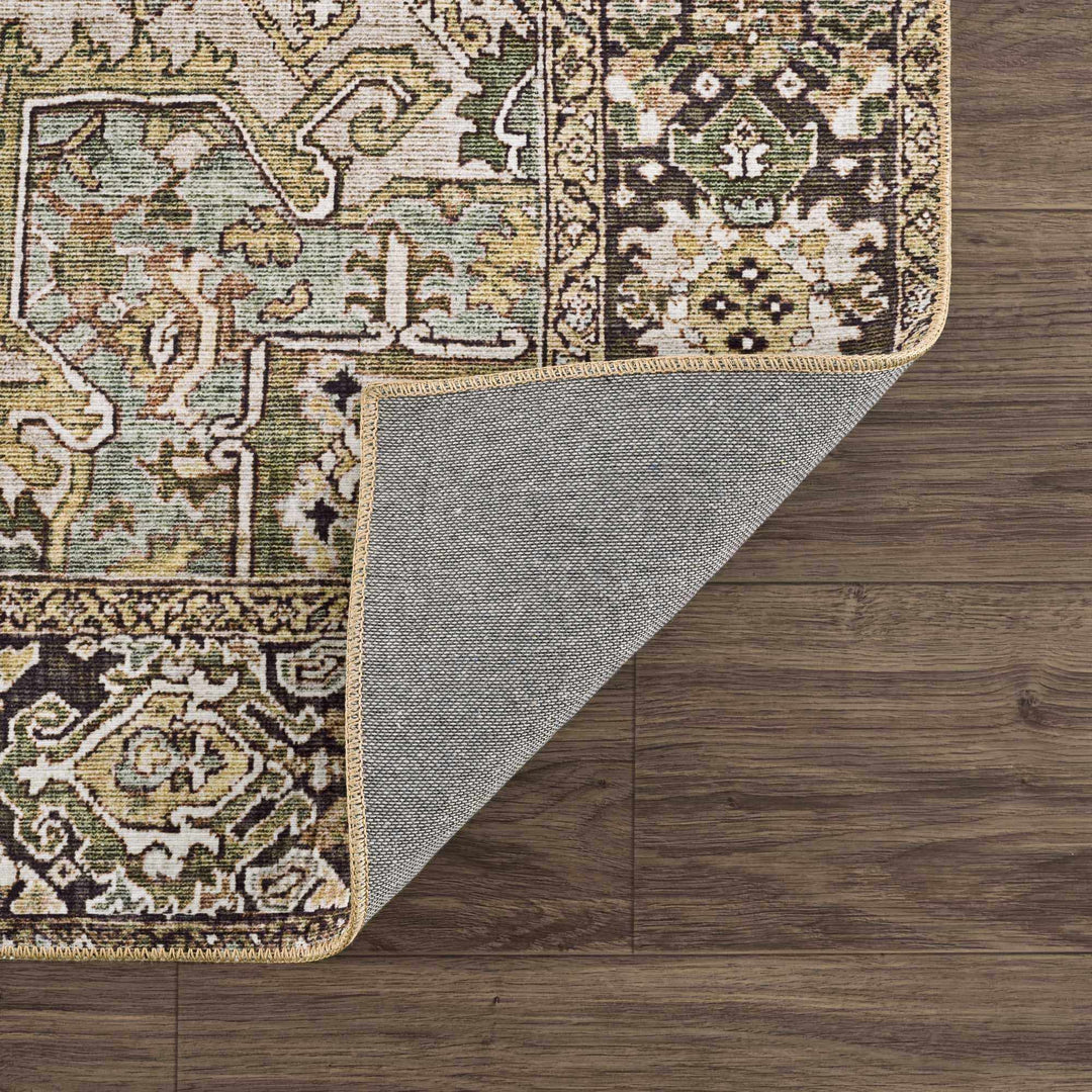Vintage Style Traditional Heriz Medallion Green, Tan and Charcoal area rug - The Rug Decor