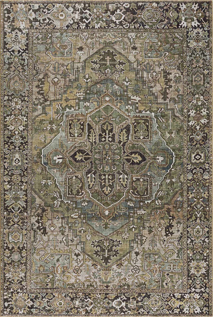 Vintage Style Traditional Heriz Medallion Green, Tan and Charcoal area rug - The Rug Decor