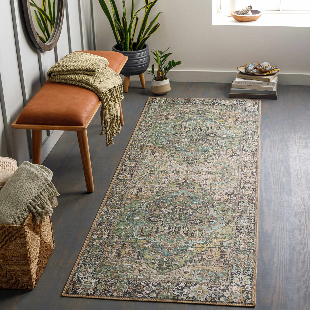 Vintage Style Traditional Heriz Medallion Green, Tan and Charcoal area rug - The Rug Decor