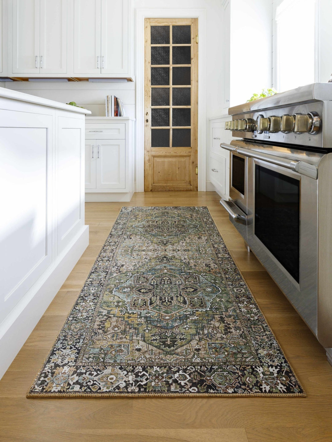 Vintage Style Traditional Heriz Medallion Green, Tan and Charcoal area rug - The Rug Decor